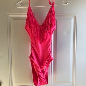 Hot pink fringed one piece swimsuit